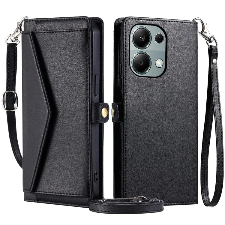 For Xiaomi Poco M6 Pro 4G  /  Redmi Note 13 Pro 4G Leather Case Wallet Stand Phone Cover with Straps