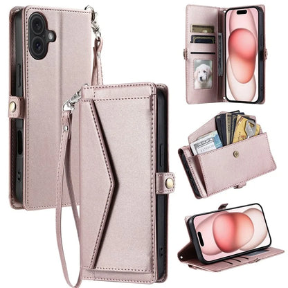 For iPhone 16 Plus Leather Case with Wrist Strap Wallet Stand Phone Cover