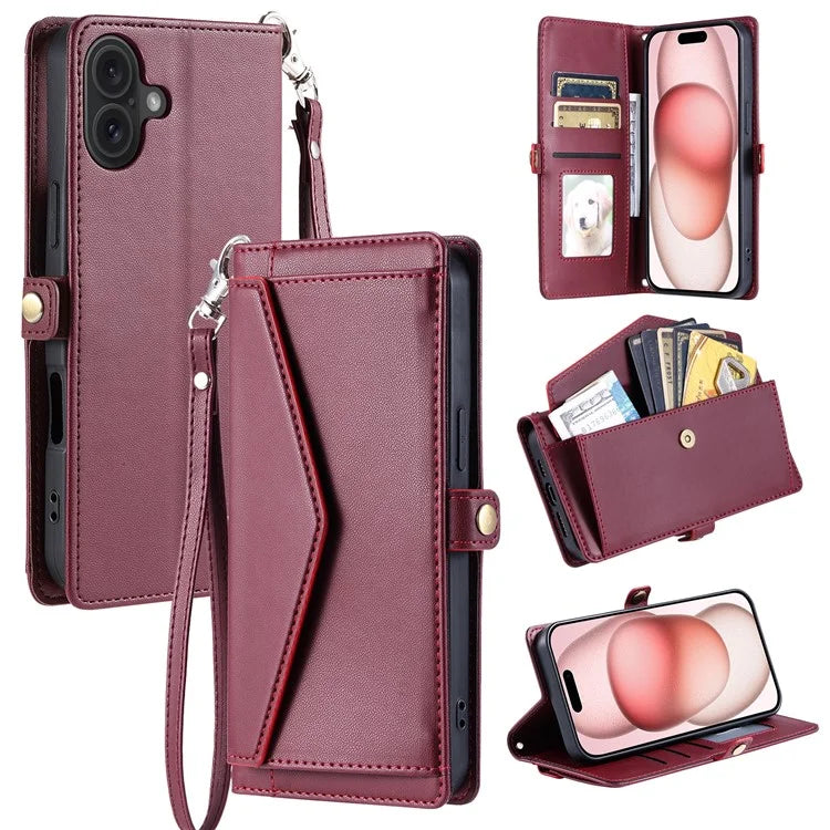 For iPhone 16 Plus Leather Case with Wrist Strap Wallet Stand Phone Cover
