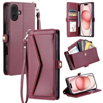 For iPhone 16 Plus Leather Case with Wrist Strap Wallet Stand Phone Cover