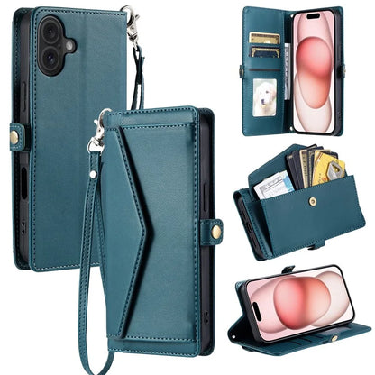 For iPhone 16 Plus Leather Case with Wrist Strap Wallet Stand Phone Cover