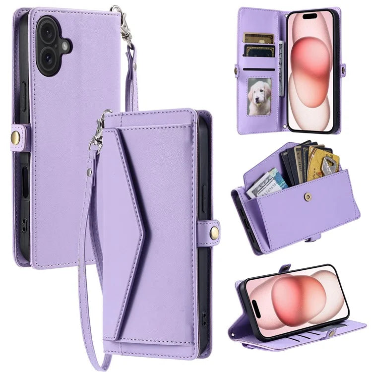 For iPhone 16 Plus Leather Case with Wrist Strap Wallet Stand Phone Cover