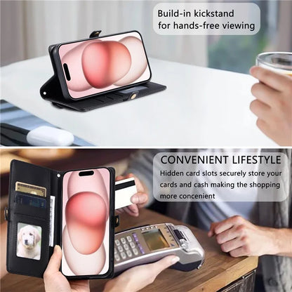 For iPhone 16 Plus Leather Case with Wrist Strap Wallet Stand Phone Cover