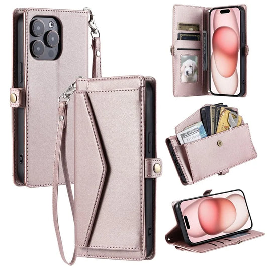 For iPhone 16 Pro Max Leather Case with Wrist Strap Wallet Stand Phone Cover
