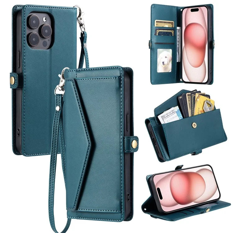For iPhone 16 Pro Max Leather Case with Wrist Strap Wallet Stand Phone Cover