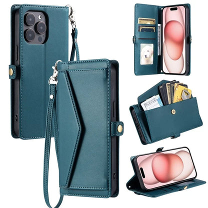 For iPhone 16 Pro Max Leather Case with Wrist Strap Wallet Stand Phone Cover
