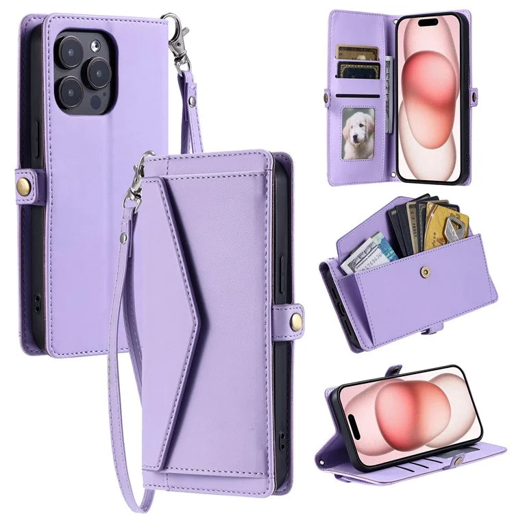 For iPhone 16 Pro Max Leather Case with Wrist Strap Wallet Stand Phone Cover