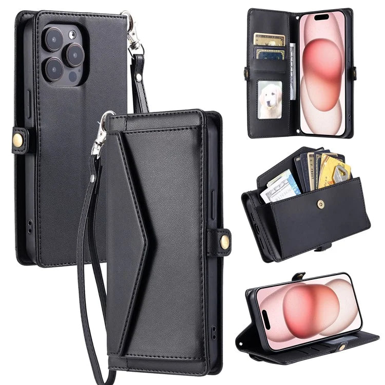 For iPhone 16 Pro Max Leather Case with Wrist Strap Wallet Stand Phone Cover