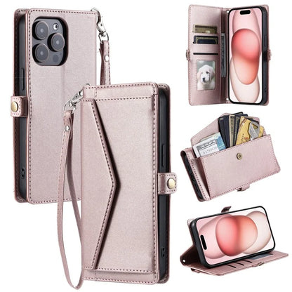 For iPhone 16 Pro Leather Case with Wrist Strap Wallet Stand Phone Cover
