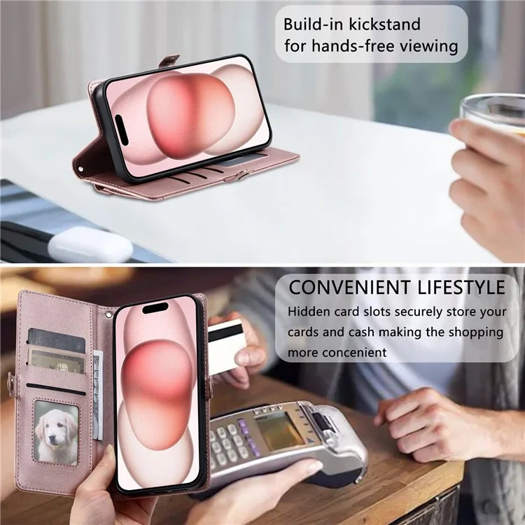 For iPhone 16 Pro Leather Case with Wrist Strap Wallet Stand Phone Cover