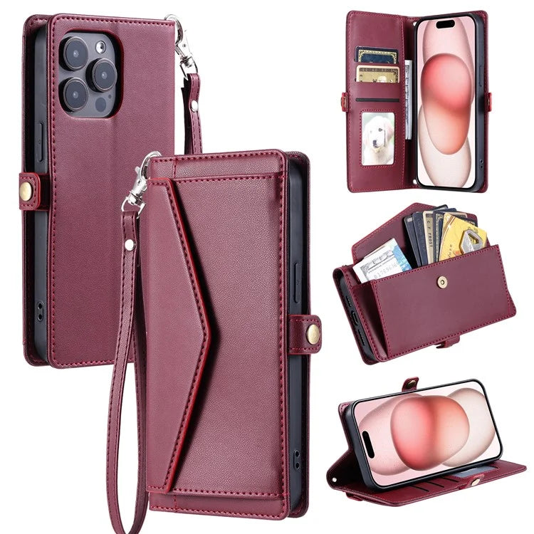 For iPhone 16 Pro Leather Case with Wrist Strap Wallet Stand Phone Cover