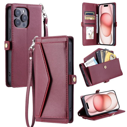 For iPhone 16 Pro Leather Case with Wrist Strap Wallet Stand Phone Cover