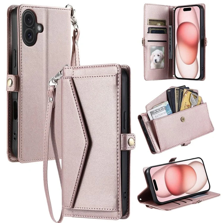 For iPhone 16 Leather Case with Wrist Strap Wallet Stand Phone Cover