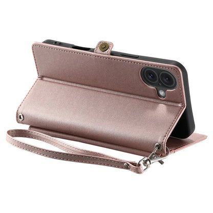 For iPhone 16 Leather Case with Wrist Strap Wallet Stand Phone Cover