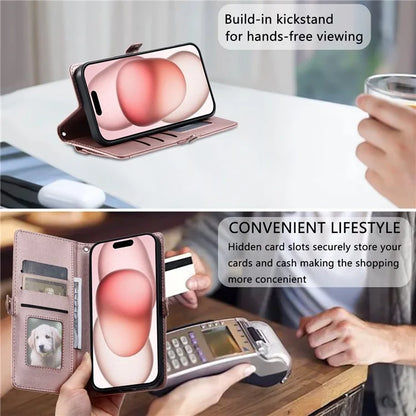 For iPhone 16 Leather Case with Wrist Strap Wallet Stand Phone Cover