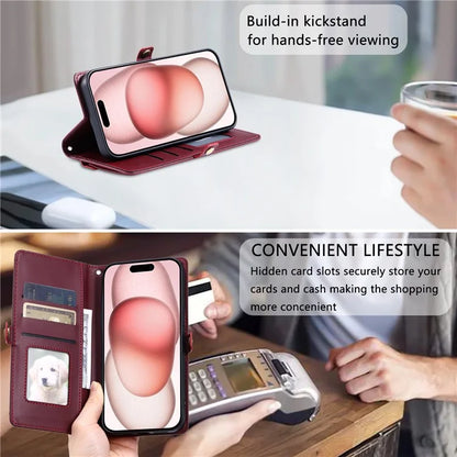 For iPhone 16 Leather Case with Wrist Strap Wallet Stand Phone Cover