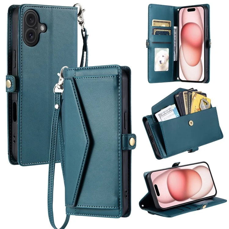 For iPhone 16 Leather Case with Wrist Strap Wallet Stand Phone Cover