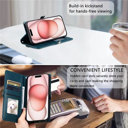 For iPhone 16 Leather Case with Wrist Strap Wallet Stand Phone Cover