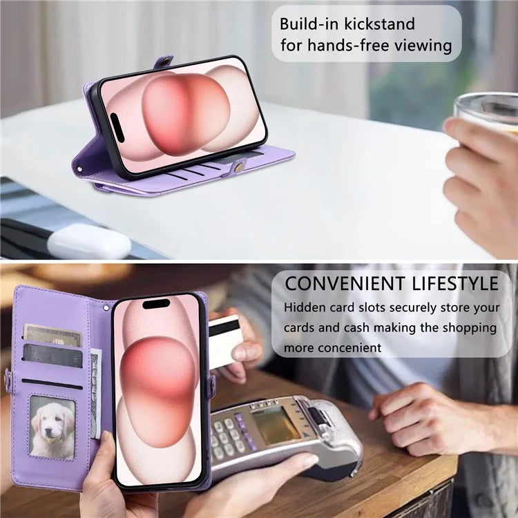 For iPhone 16 Leather Case with Wrist Strap Wallet Stand Phone Cover