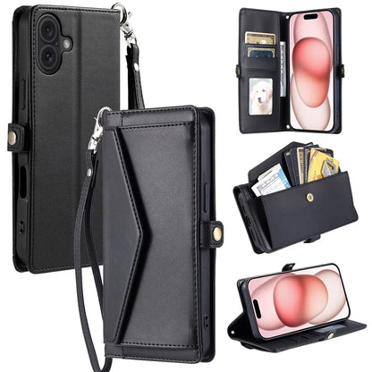 For iPhone 16 Leather Case with Wrist Strap Wallet Stand Phone Cover