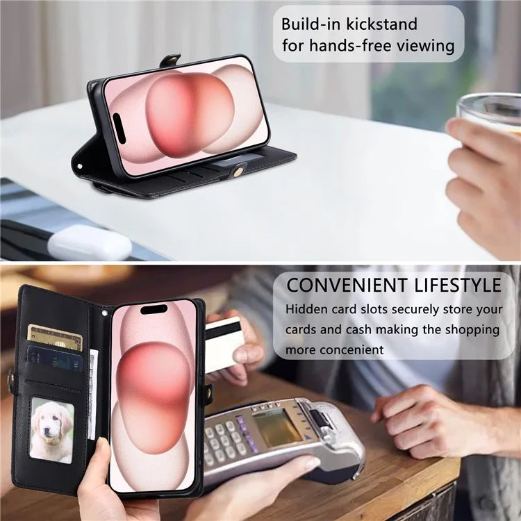 For iPhone 16 Leather Case with Wrist Strap Wallet Stand Phone Cover