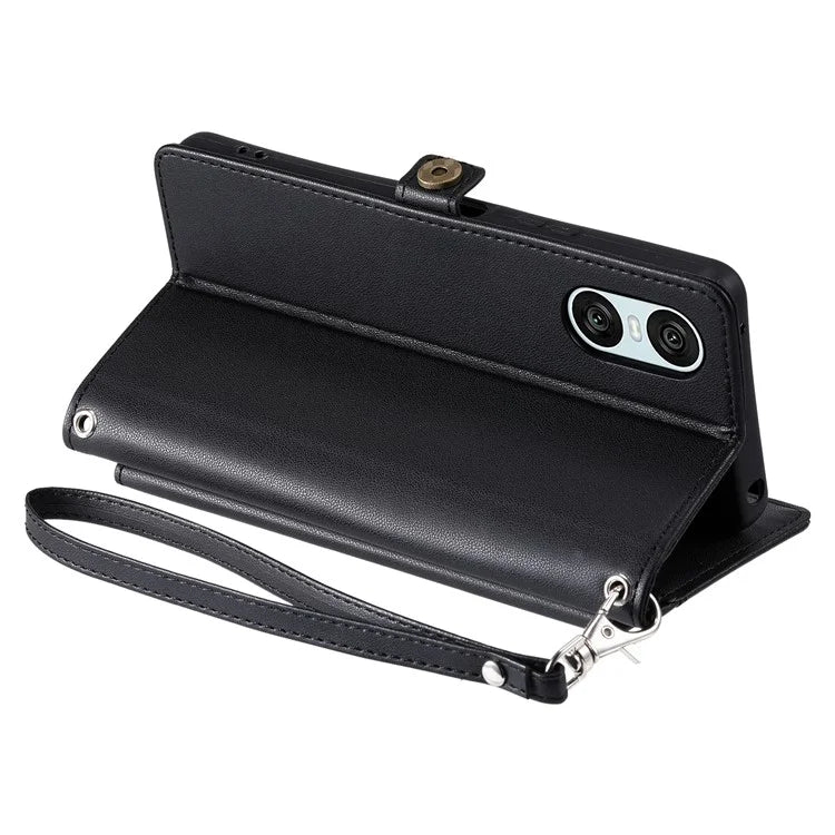 For Sony Xperia 10 VI Leather Case with Wrist Strap Wallet Stand Phone Cover