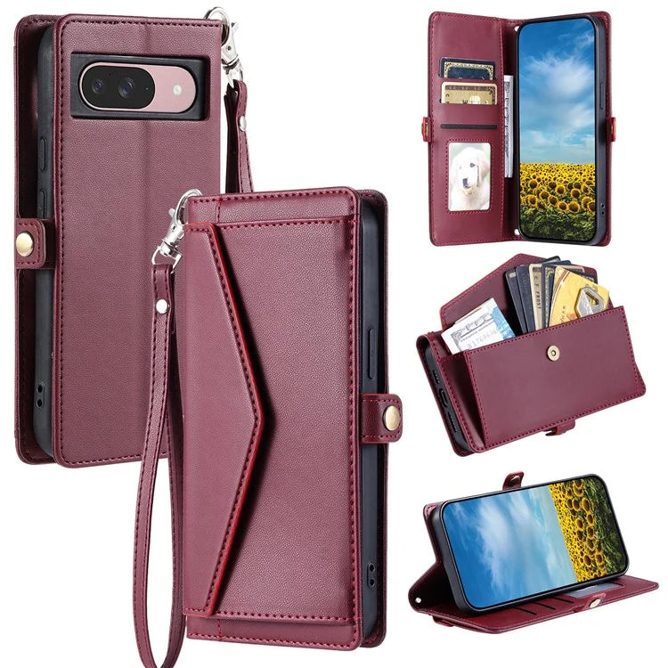 For Google Pixel 9 Pro  /  Pixel 9 Leather Case with Wrist Strap Wallet Stand Phone Cover