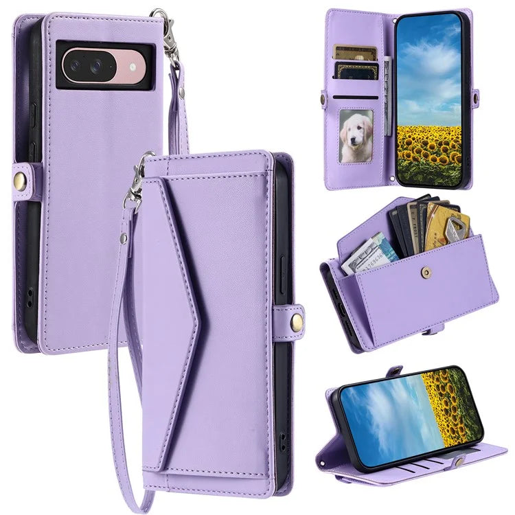 For Google Pixel 9 Pro  /  Pixel 9 Leather Case with Wrist Strap Wallet Stand Phone Cover