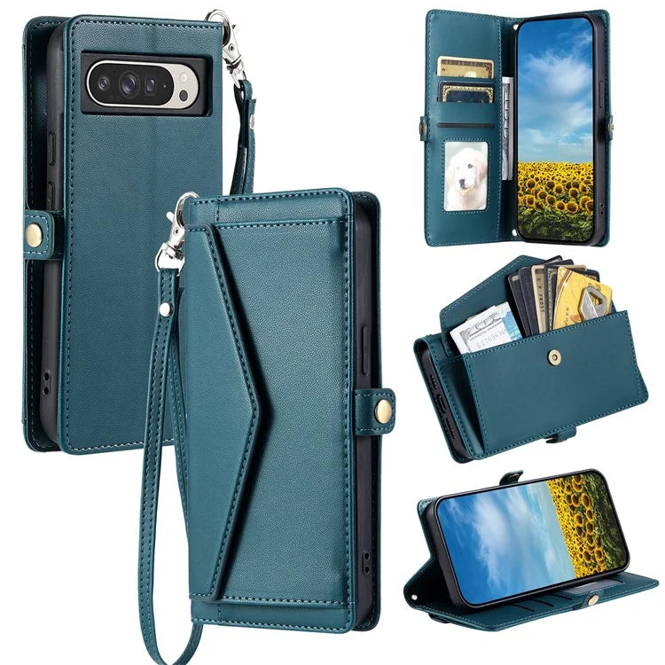 For Google Pixel 9 Pro XL Leather Case with Wrist Strap Wallet Stand Phone Cover
