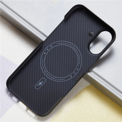 For iPhone 16 Plus Case Aramid Fiber 600D Fine Texture Magnetic Phone Cover - Black
