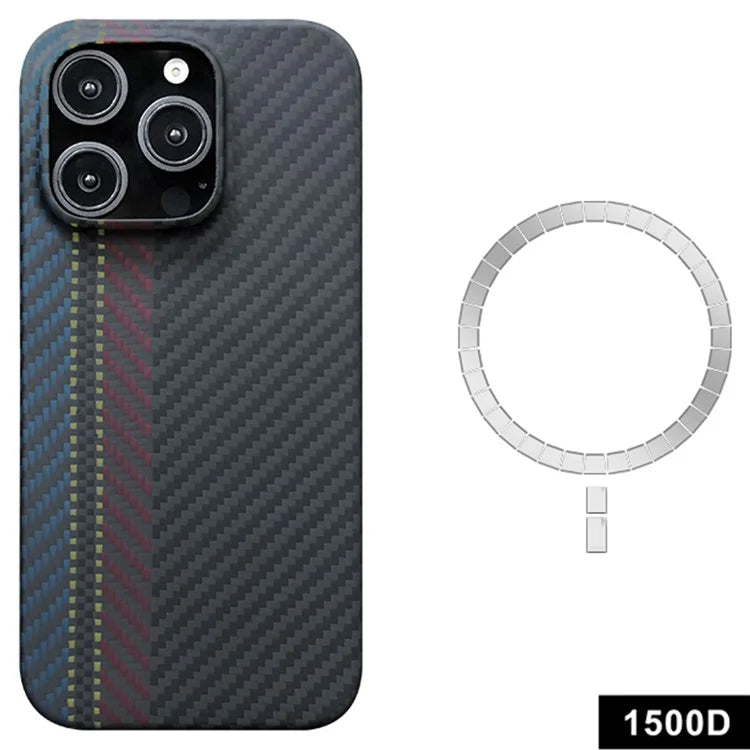 For iPhone 16 Pro Magnetic Case 1500D Texture Aramid Fiber Color Woven Pattern Phone Cover (Big Lens Hole)