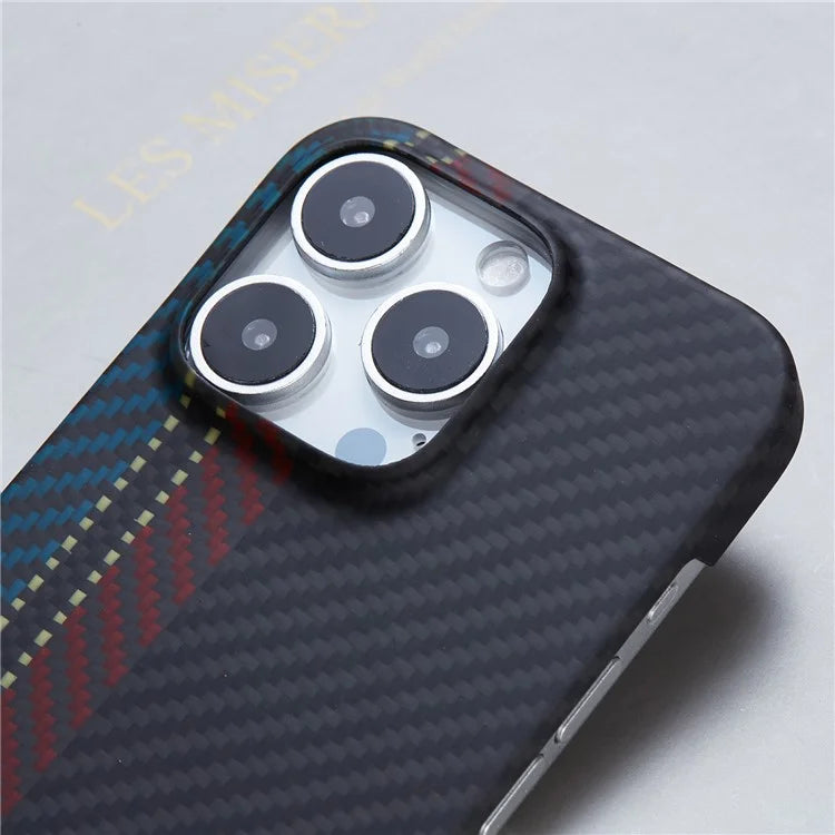 For iPhone 16 Pro Magnetic Case 1500D Texture Aramid Fiber Color Woven Pattern Phone Cover (Big Lens Hole)