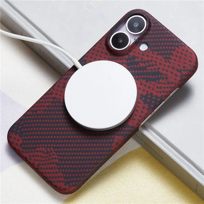 For iPhone 16 Plus Magnetic Case Camouflage Red Aramid Fiber Phone Cover