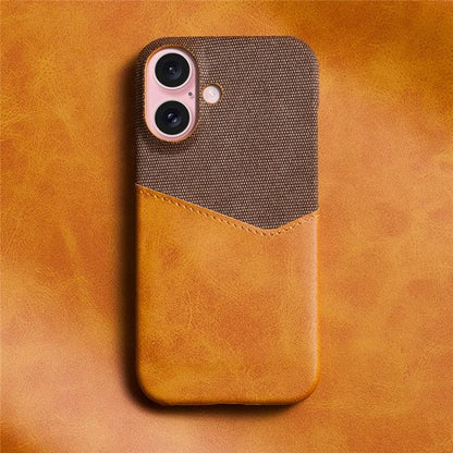 For iPhone 16 Case PU Leather Card Slot Cloth Texture Hard PC Phone Cover