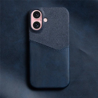 For iPhone 16 Case PU Leather Card Slot Cloth Texture Hard PC Phone Cover