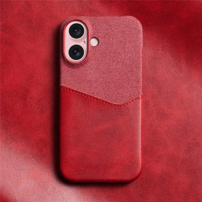 For iPhone 16 Case PU Leather Card Slot Cloth Texture Hard PC Phone Cover