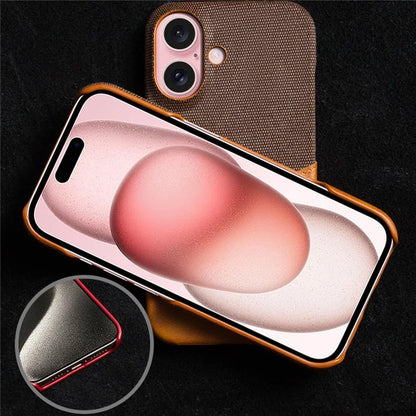 For iPhone 16 Case PU Leather Card Slot Cloth Texture Hard PC Phone Cover