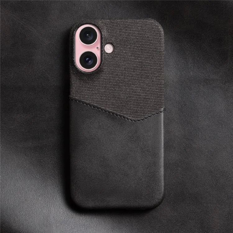 For iPhone 16 Case PU Leather Card Slot Cloth Texture Hard PC Phone Cover