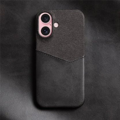 For iPhone 16 Case PU Leather Card Slot Cloth Texture Hard PC Phone Cover