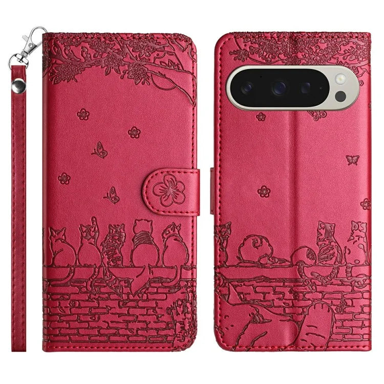 For Google Pixel 9 Pro XL Case with Wrist Strap Leather Phone Cover Wall Cats Pattern