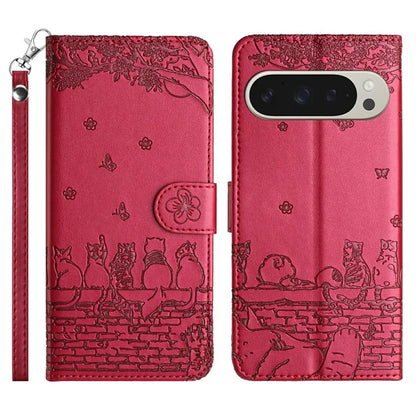 For Google Pixel 9 Pro XL Case with Wrist Strap Leather Phone Cover Wall Cats Pattern