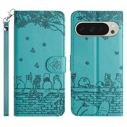 For Google Pixel 9 Pro XL Case with Wrist Strap Leather Phone Cover Wall Cats Pattern