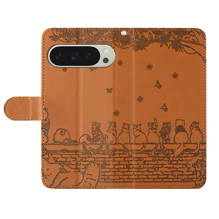 For Google Pixel 9 Pro XL Case with Wrist Strap Leather Phone Cover Wall Cats Pattern