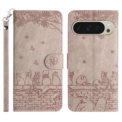 For Google Pixel 9 Pro XL Case with Wrist Strap Leather Phone Cover Wall Cats Pattern