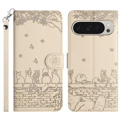 For Google Pixel 9 Pro XL Case with Wrist Strap Leather Phone Cover Wall Cats Pattern