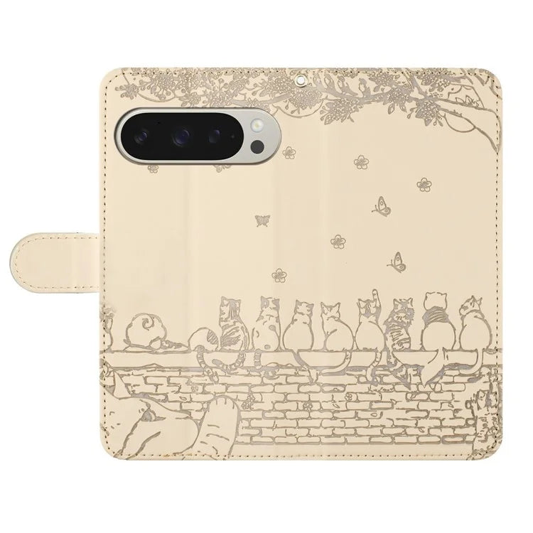 For Google Pixel 9 Pro XL Case with Wrist Strap Leather Phone Cover Wall Cats Pattern