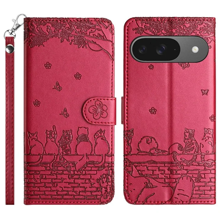 For Google Pixel 9 / 9 Pro Case with Wrist Strap Leather Phone Cover Wall Cats Pattern