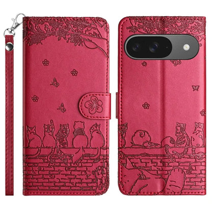 For Google Pixel 9 / 9 Pro Case with Wrist Strap Leather Phone Cover Wall Cats Pattern