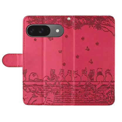 For Google Pixel 9 / 9 Pro Case with Wrist Strap Leather Phone Cover Wall Cats Pattern