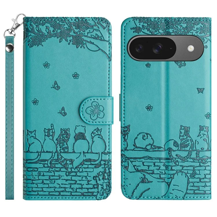 For Google Pixel 9 / 9 Pro Case with Wrist Strap Leather Phone Cover Wall Cats Pattern